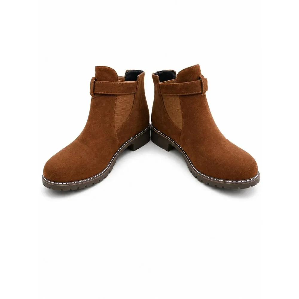 NWOT Vintage Brown Faux Suede Ankle Boots Buckle Strap Low Block Heel Booties